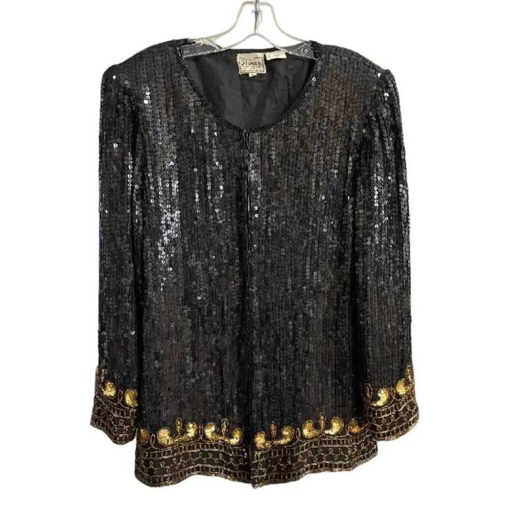 VTG STENAY 100% Silk All Over Sequin Beaded Formal Jacket in Black & Gold SZ L